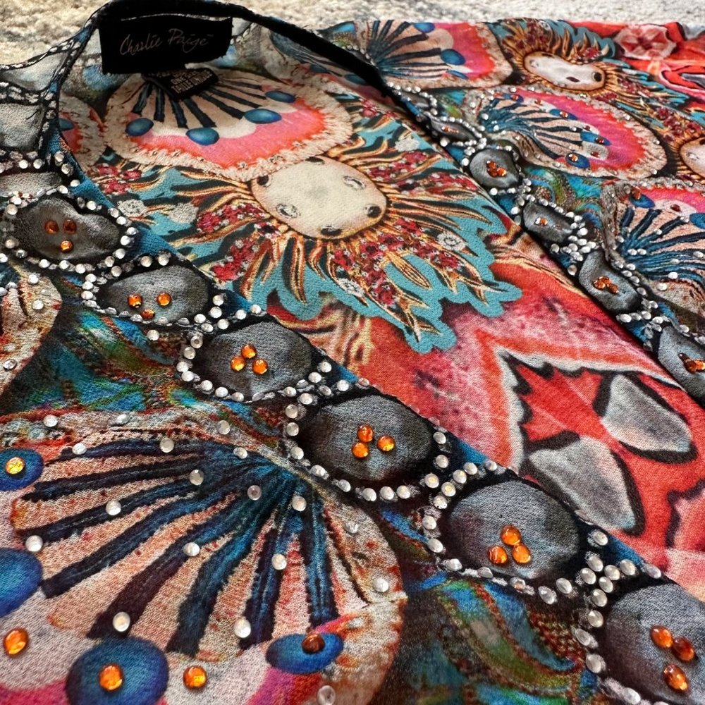 Charlie Paige | Multicolor Boho Embellished Tie Dye Poncho Swim Cover Up Kimono - Picture 5 of 9